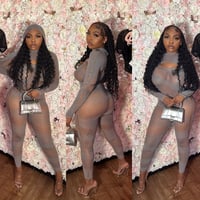 Image 1 of Gray Hoody Fishnet Bodysuit