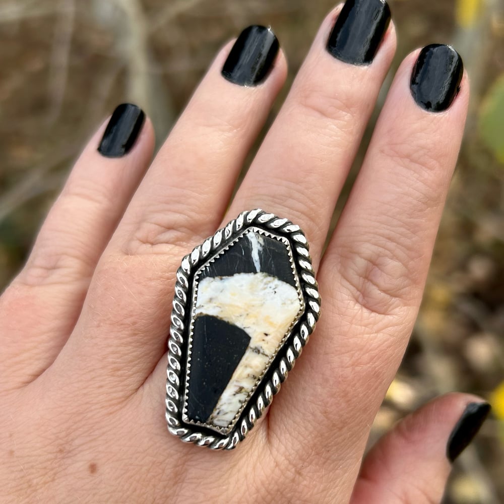 Image of Handmade Sterling Silver White Buffalo Turquoise Coffin Ring