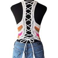 Image 2 of Crochet- Knit Festival Halter Crop Top with Lace Up Back - Size Large 