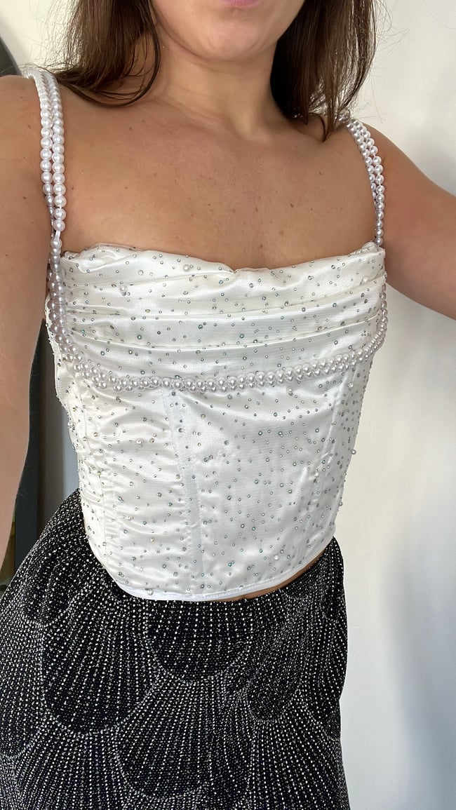 Stunning Ivory rhinestone pearl beaded tulle draped corset 