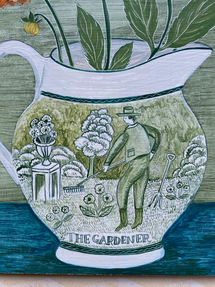 Image of Gardener jug and Dahlias