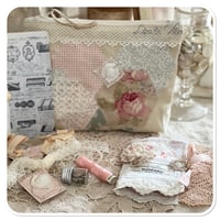 Image 8 of sewing zipper purse and needle book tiny glass bottle of pear shaped pins and French lace