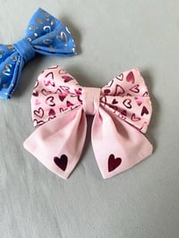 Image 5 of Handmade Valentine Dog Bow - Pink or Blue with Metallic Heart Vinyl Print