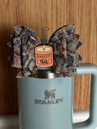 Image 4 of Glitter Cheeta Print Tumbler Straw Topper Bow with Motivational Candle Charm