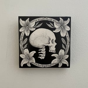 Skull and Lilies Original Ink And Watercolor On Panel