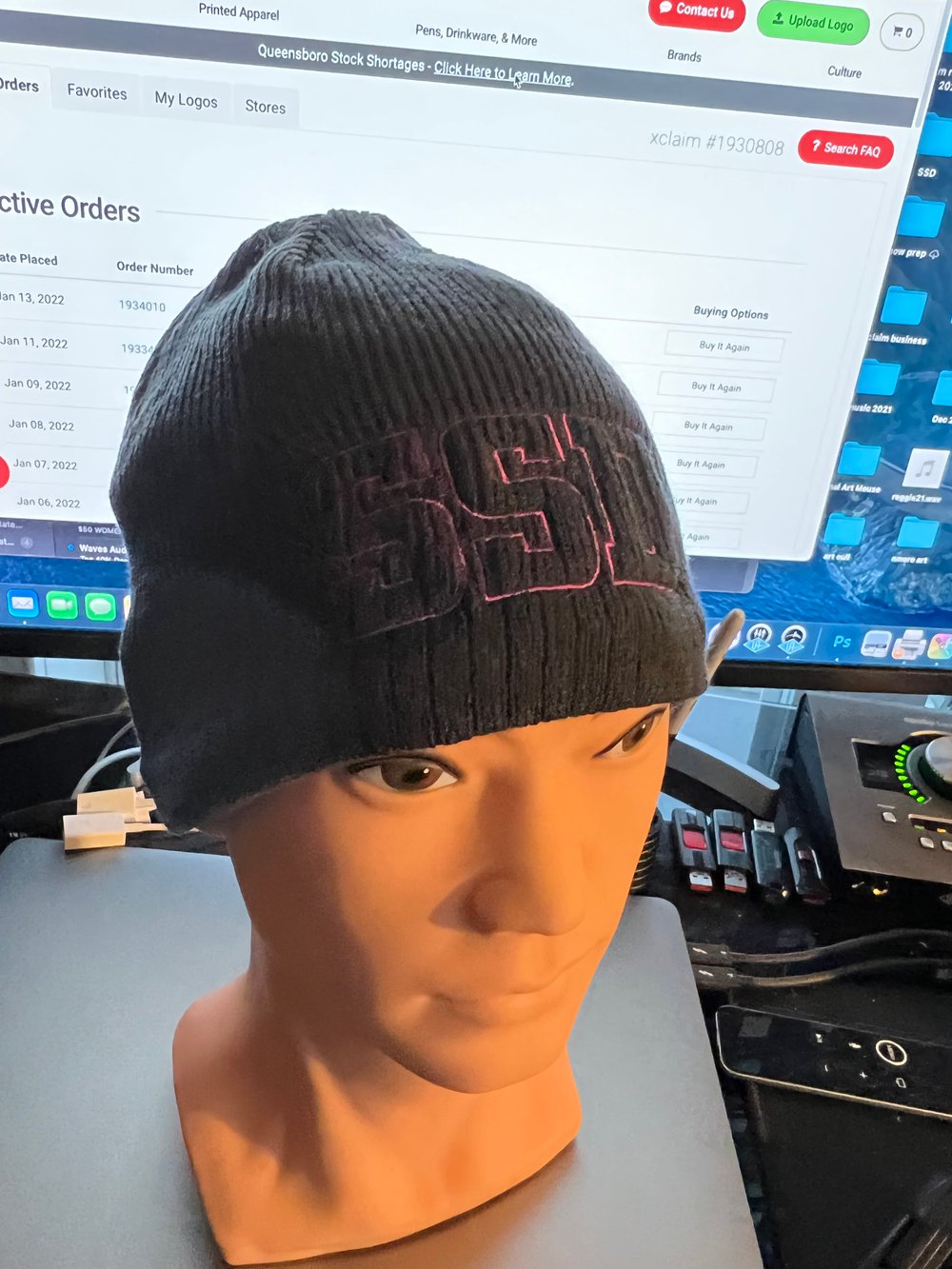 Slate Grey New Era Knit beanie hat with embroidered Magenta SSD Outline Logo