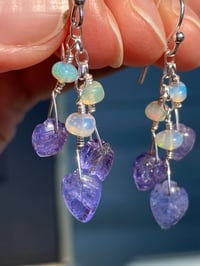 Image 2 of Beautiful Tanzanite and Welo Opal Earrings, Tanzanite Carved Crystal Leaf Earrings