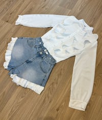 White ruffle front blouse