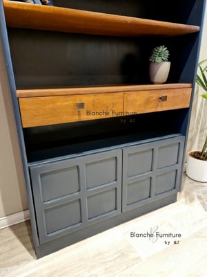 Image of Beautiful Nathan Bookcase in Dark Grey, Walnut Shelves and Antique Brass handles