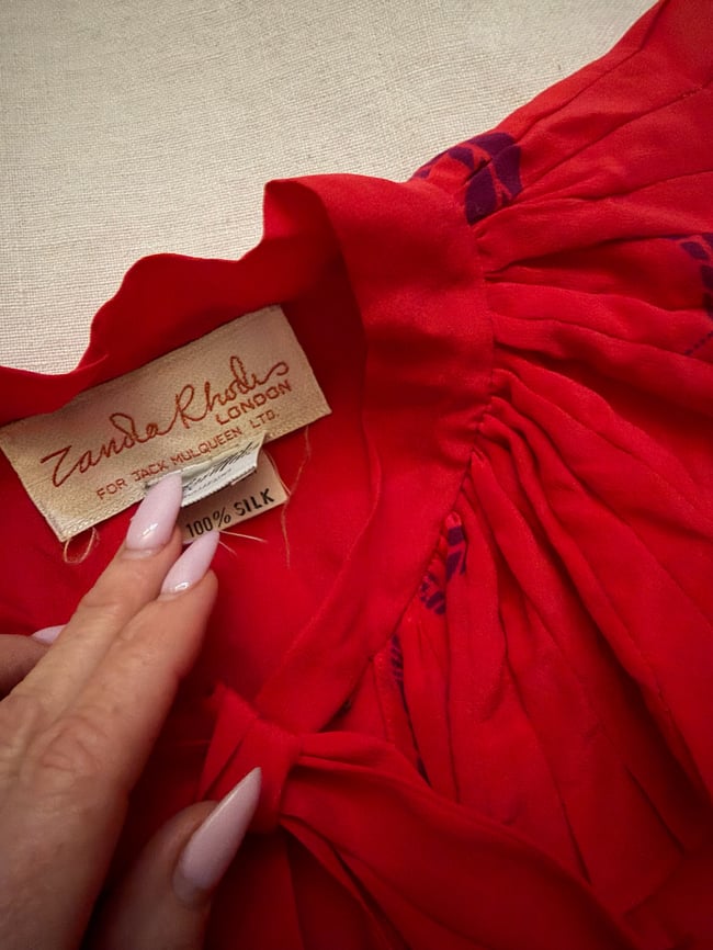 1970s Zandra Rhodes red silk feather and sun print scarf dress