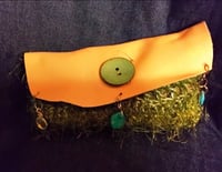 Image 1 of Beige leather envelope style clutch bag with crocheted front (green)