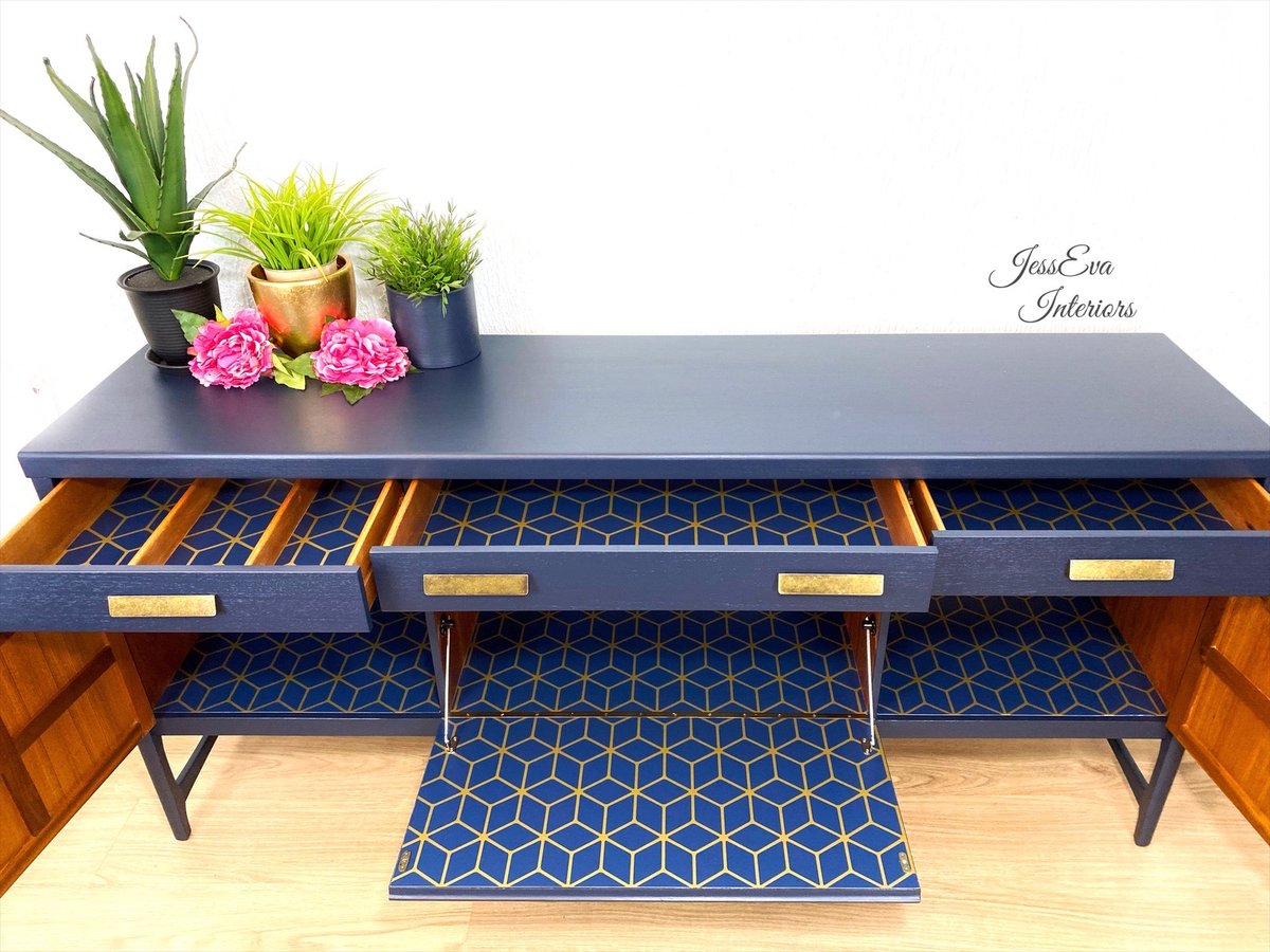 Mid Century Modern Retro Vintage NATHAN SQUARES SIDEBOARD / DRINKS CABINET in navy blue 