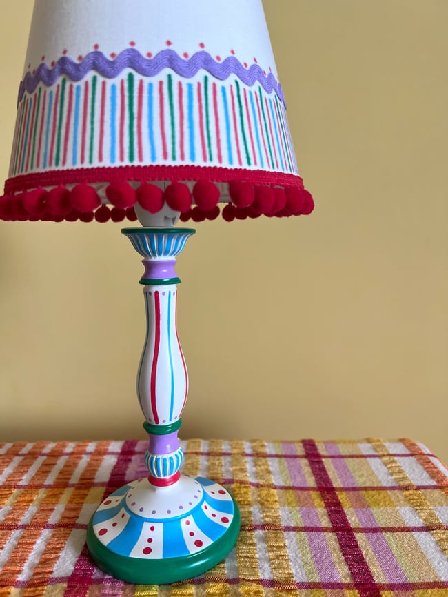 Mauve, red, green and blue lamp with shade