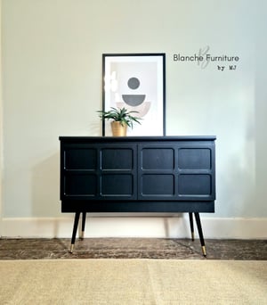 Image of Long Curved Nathan Sideboard in Black on Black and Gold tapered Legs