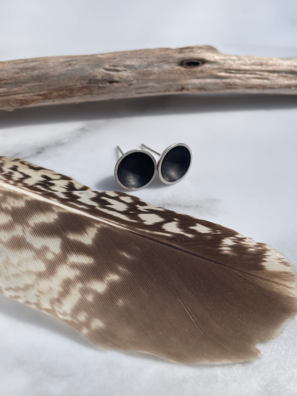 Handmade 10mm Black Hole Concave Sterling Silver Stud Earrings