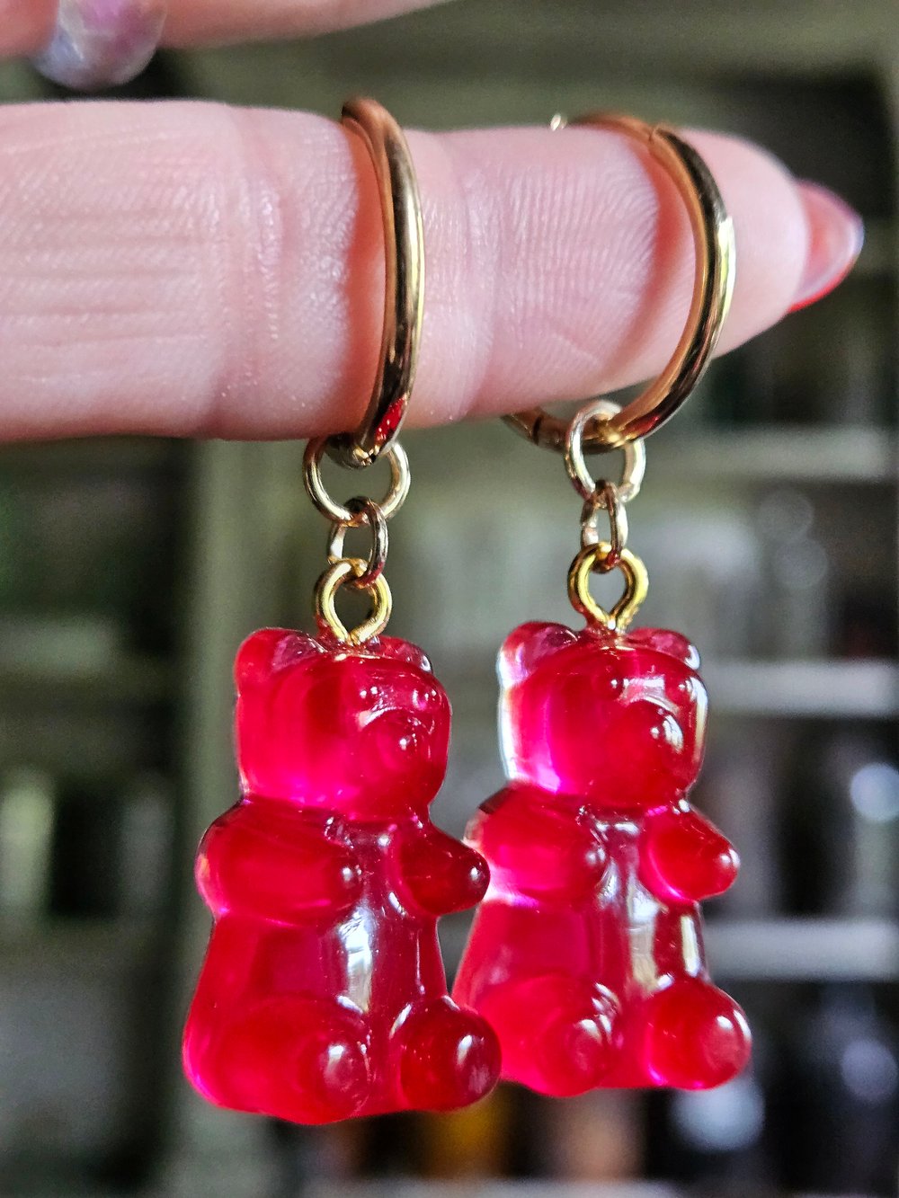 Image of Cherry Red Gummy Bear Earrings (Semi-Transparent)