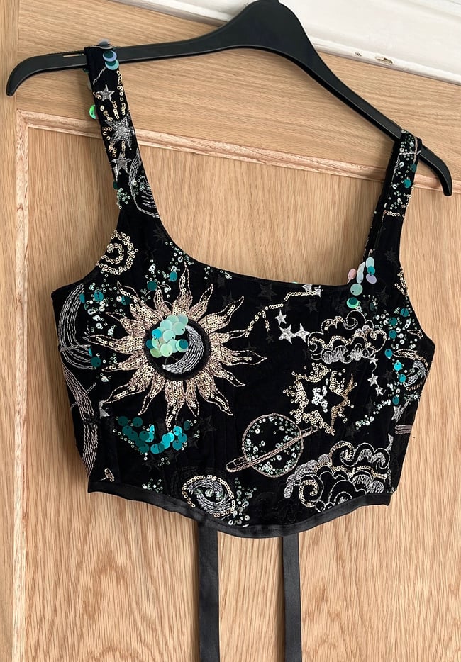 The Universe corset. Heavily embellished cosmic, star, sun and moon sequin corset in Black