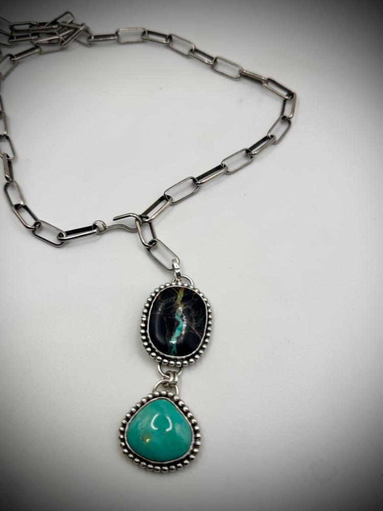 Image of Blackjack & Sonora Turquoise Lariat Necklace 🩵🖤