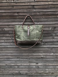 Image 1 of XL carryall made in olive green waxed filter twill
