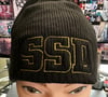 Black New Era Knit beanie hat with Gold Outline SSD logo 