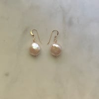 Image 1 of Coin Pearl Earrings with Gold Filled hooks