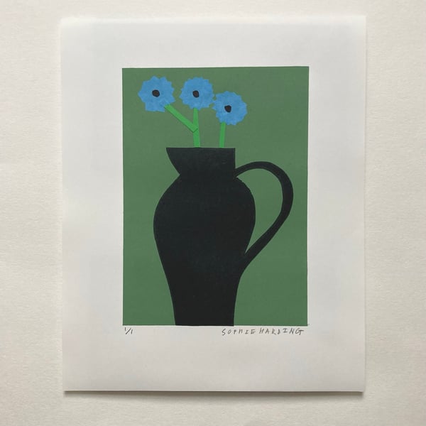 Image of Black Jug and Blue Flowers handmade print