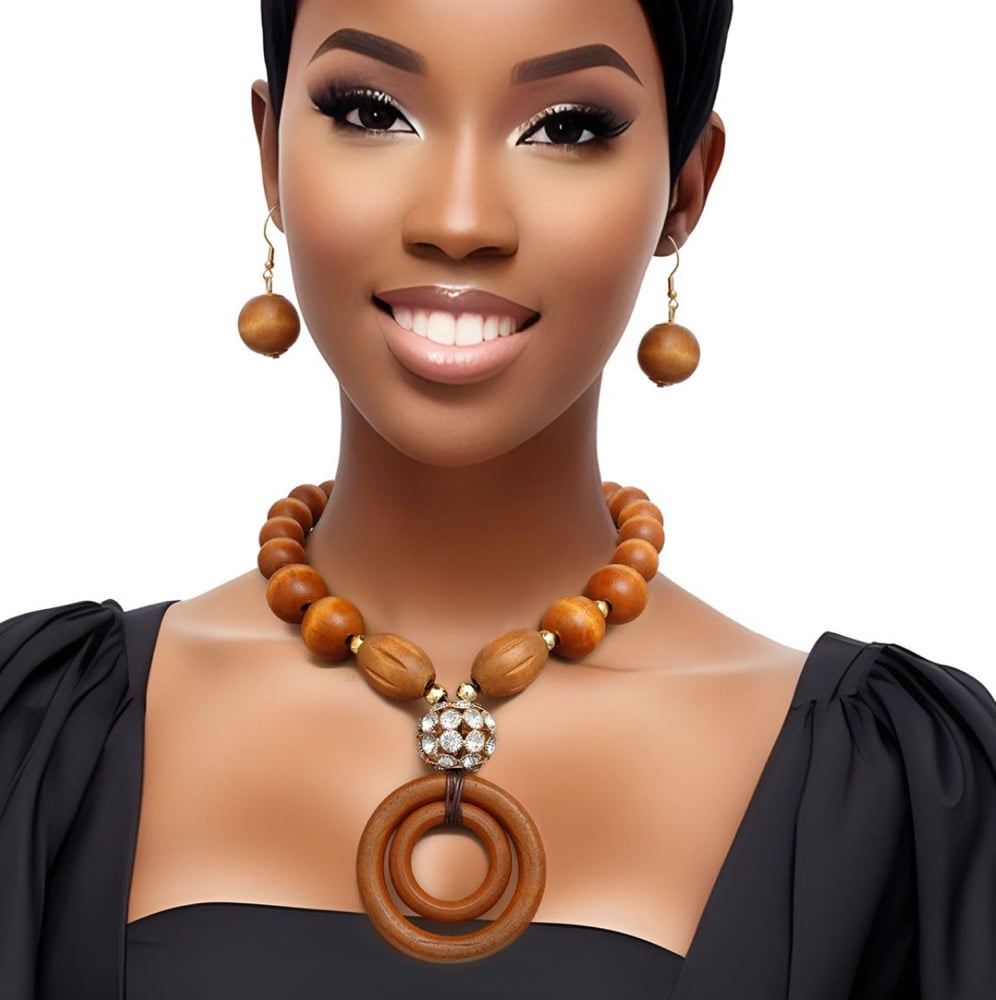 Image of Pendant Brown Wooden Bead and Rings Necklace Set