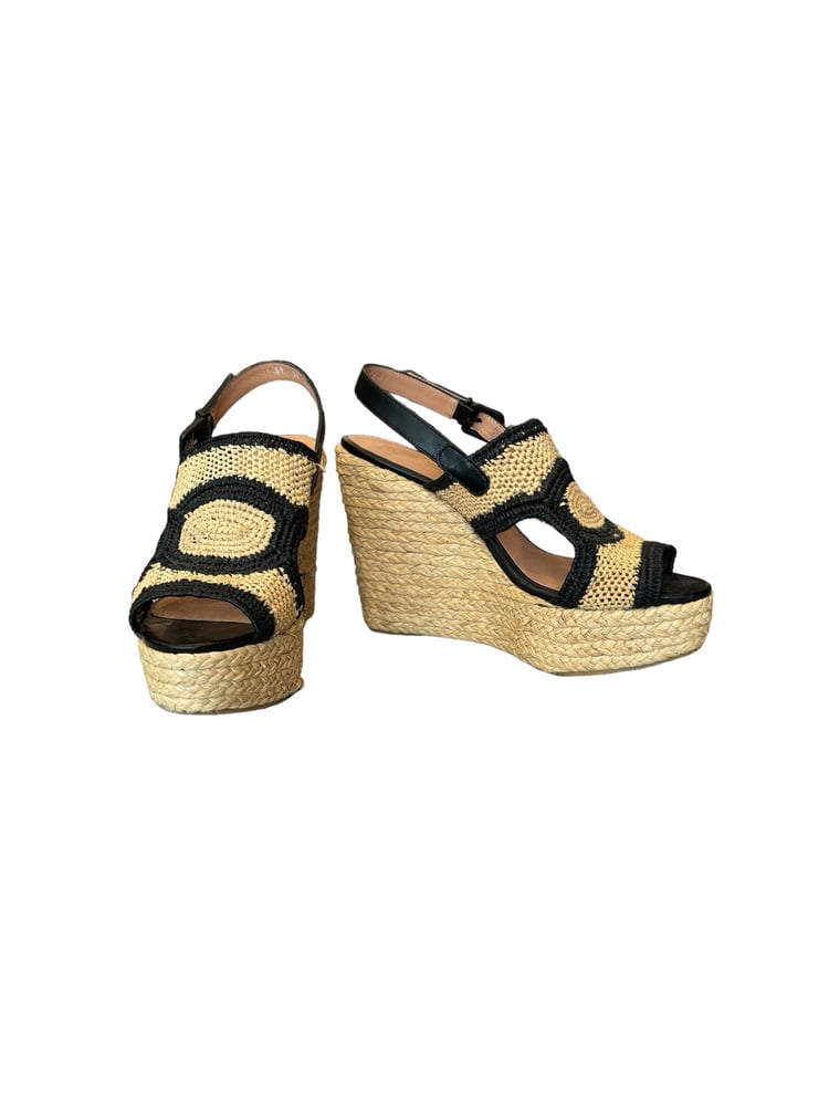 Image of Robert Clergerie Size 39 Raffia/Leather Wedges 1184-16