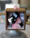 Pipe cleaner tuxedo kitten with its magnetic wooden display 