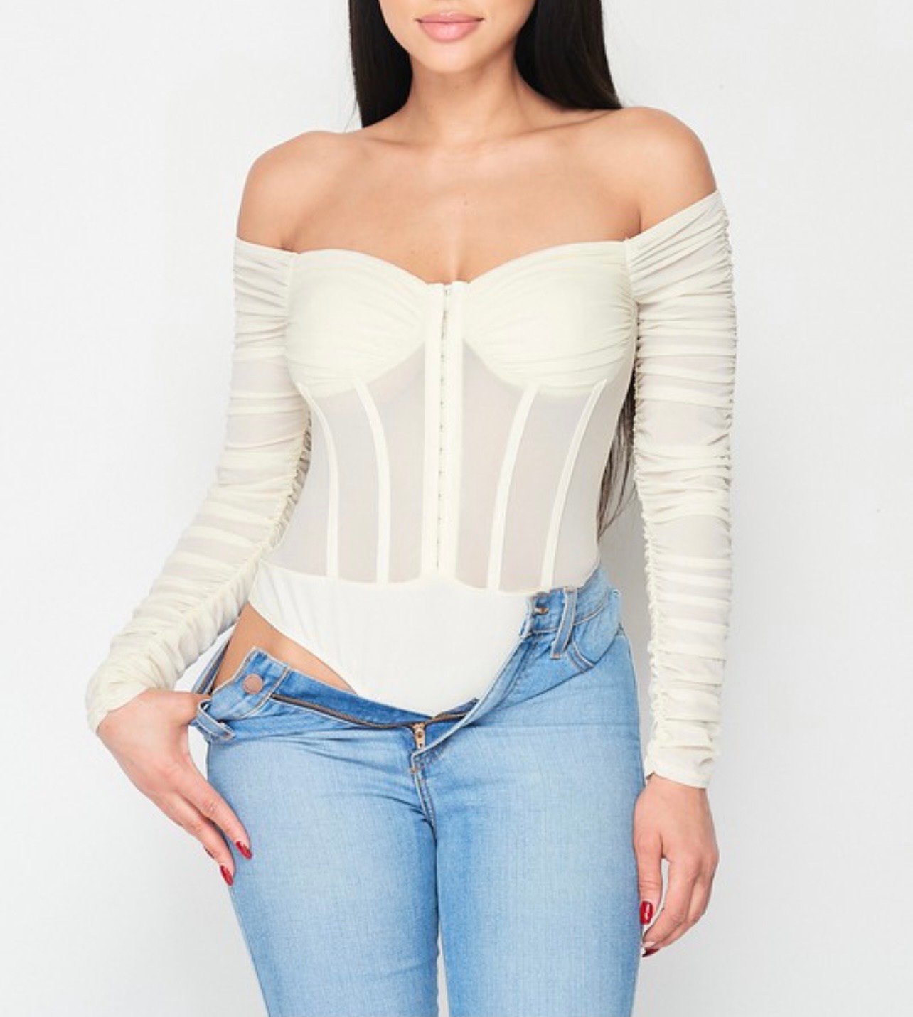 Image of Sheer Off-Shoulder Corset Bodysuit 