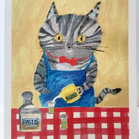 Image 5 of ‘Chamedi’ art print in two sizes A5 or A4 tabby cat pouring an aperitif 