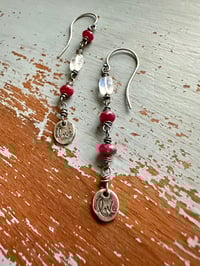 Image 10 of ruby and rainbow moonstone dangle earrings with sterling silver medallions
