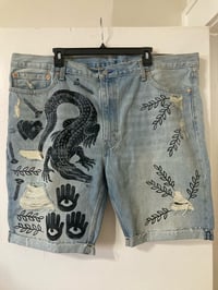 Image 1 of 'That’s What I Love' Custom Blockprinted Distressed Denim Shorts