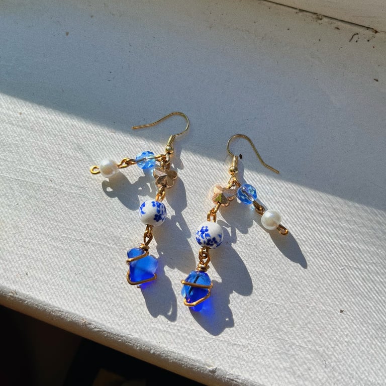 Blue Sea Glass Gold Butterfly Earrings