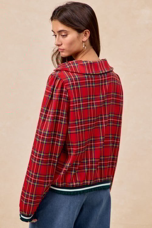 Image of Festive Red Plaid V-Neck Top