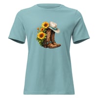 Image 1 of Women's Relaxed T-Shirt, Turquoise Sunflower Cowgirl Boots Tee