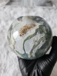 Image 4 of Handmade Resin Tea Light Sphere with Moss Agate Crystal | 4 inch - 2 Styles 