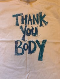 Image 1 of White shirt with teal text (3XL)