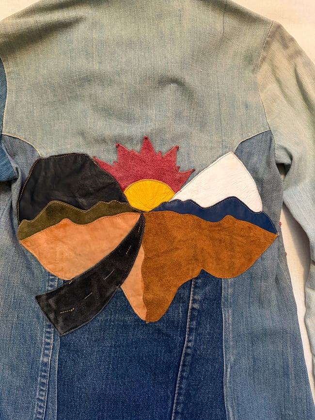 1970s denim patchwork and leather mountain magic hippie bohemian snap shirt jacket