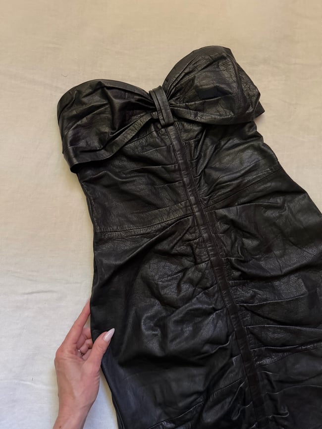 70s leather strapless ruched rock and roll dress