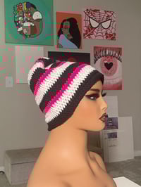 Image 3 of Black/White Fitted Crochet Beanie (Hot Pink Color Pop)
