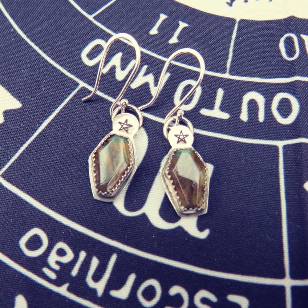 Eternal Rest Labradorite Coffin Earrings Sterling Silver - Pentagram