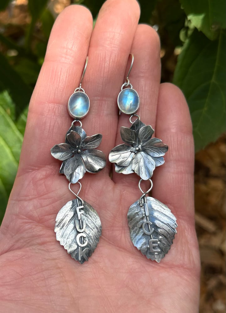 Image of Stargazer Hydrangea Flower "FUCK ICE" Rainbow Moonstone Earrings