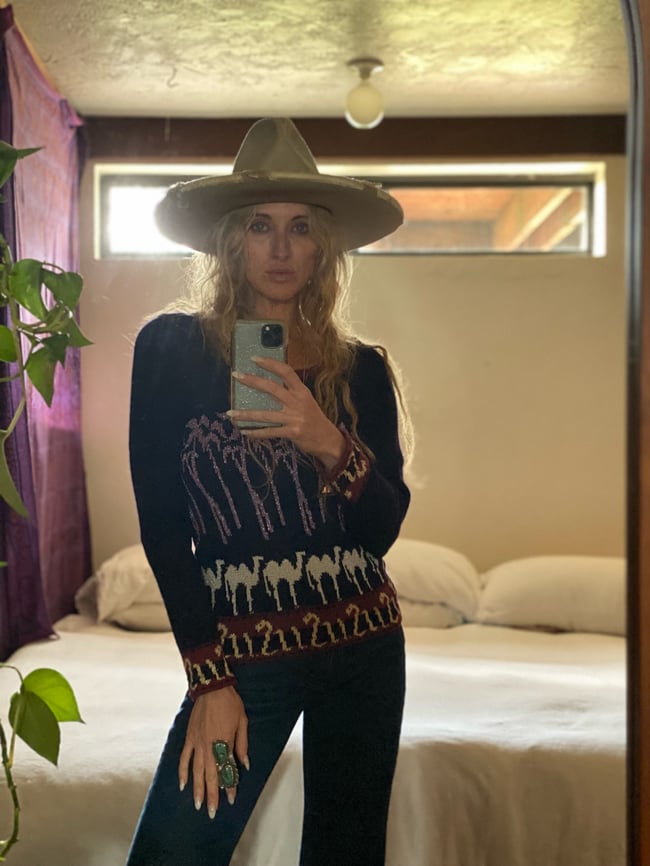 70s British camel and snake sweater