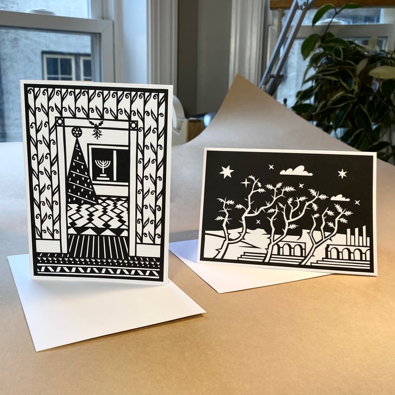 Image of Set of Four Signed Holiday Cards - Desert Acacia or Tree and Menorah (choose from drop down menu)