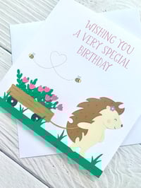 Image 3 of Handmade Hedgehog Birthday Card - Cute Animal Card with Flower Cart