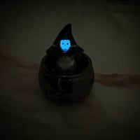 Image 10 of Glow in dark gray tabby cat in witch brew cauldron ceramic keepsake (rainbow effect)