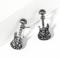 Black Crystal Stone Paved Guitar Stud Earrings