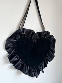 Image 1 of Black Velvet Heart Sling Bag – Handmade Quilted Statement Bag with Satin Ruffle