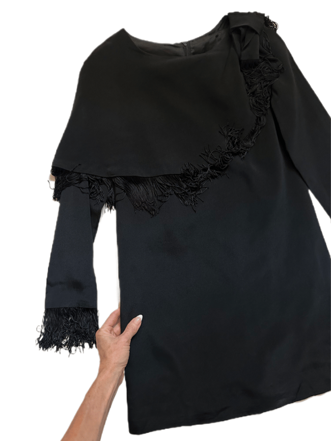1960s black fringe cocktail mini dress
